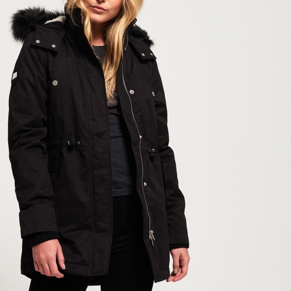 NWOT -Superdry Model Microfibre Jacket (Black Fur)